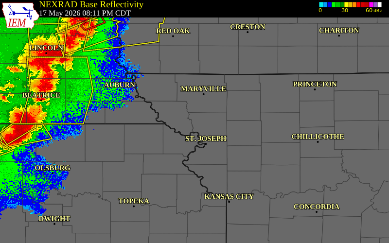 NEXRAD radar during the Sunday, May 17, 2026 storm activity in Andrew County, Missouri