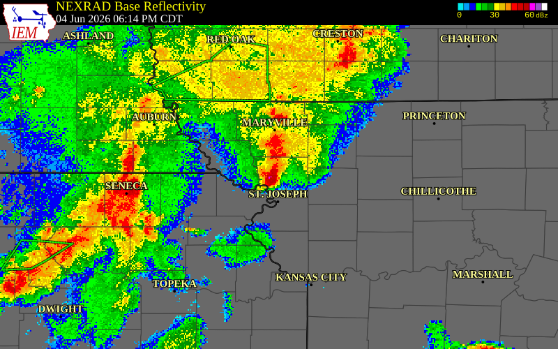 NEXRAD radar during the Thursday, June 4, 2026 storm activity in Andrew County, Missouri