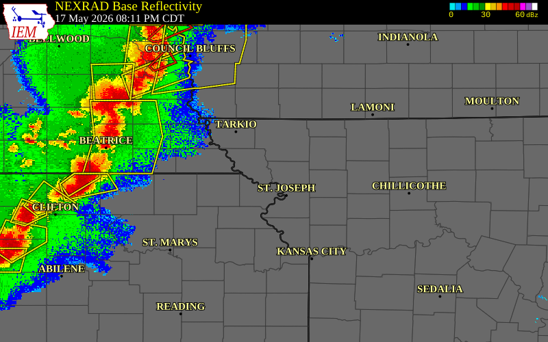 Radar snapshot during the May 17, 2026 tornado event near Fillmore, Andrew County, Missouri, with NWS warning polygons
