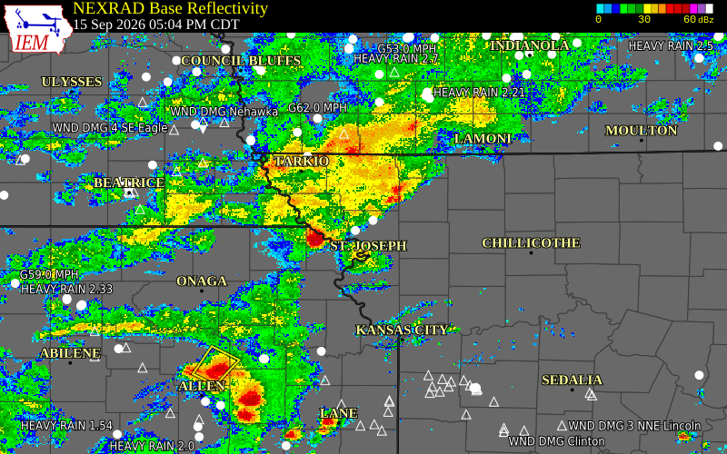 Current NEXRAD radar over Andrew County, Missouri with recent storm report locations