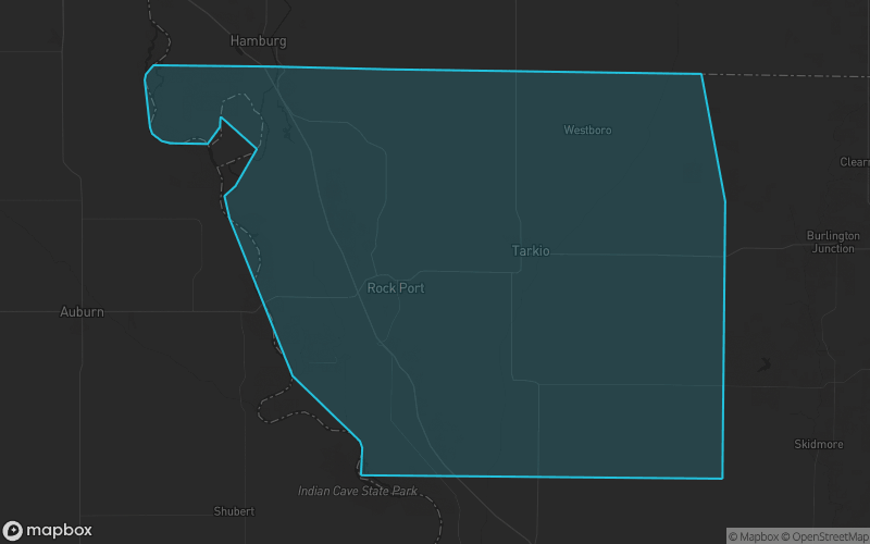 Map of Atchison County, Missouri showing the county boundary and surrounding cities