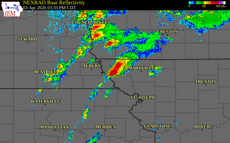 NEXRAD radar during the Friday, April 3, 2026 storm activity in Atchison County, Missouri