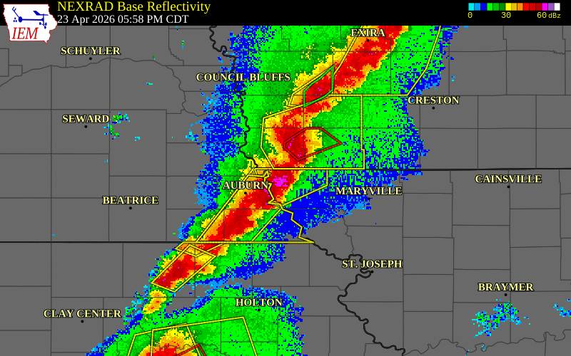 NEXRAD radar during the Thursday, April 23, 2026 storm activity in Atchison County, Missouri