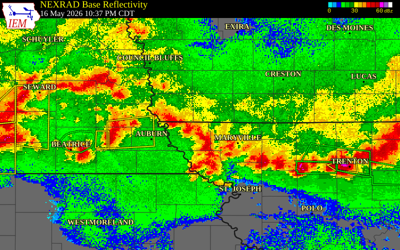 NEXRAD radar during the Saturday, May 16, 2026 storm activity in Atchison County, Missouri