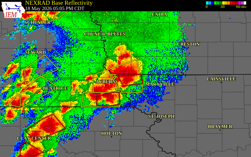 NEXRAD radar during the Monday, May 18, 2026 storm activity in Atchison County, Missouri