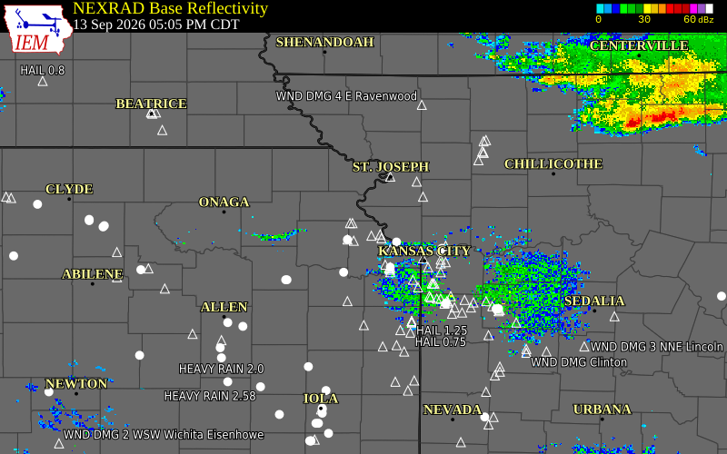 Current NEXRAD radar over Atchison County, Missouri with recent storm report locations