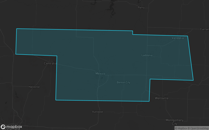 Map of Audrain County, Missouri showing the county boundary and surrounding cities