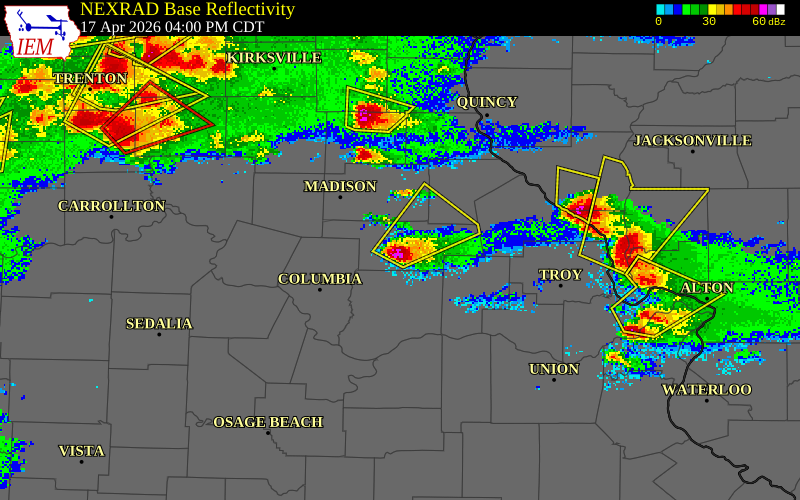NEXRAD radar during the Friday, April 17, 2026 storm activity in Audrain County, Missouri