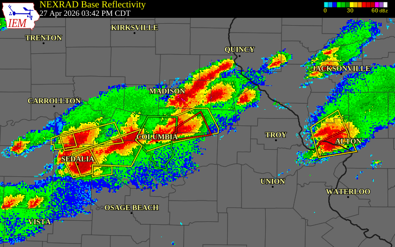 NEXRAD radar during the Monday, April 27, 2026 storm activity in Audrain County, Missouri