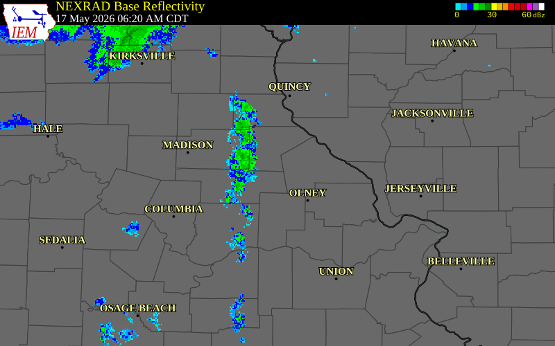 NEXRAD radar during the Sunday, May 17, 2026 storm activity in Audrain County, Missouri