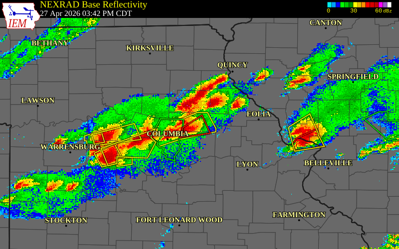 Radar snapshot during the Apr 27, 2026 hail event near Mexico, Audrain County, Missouri, with NWS warning polygons