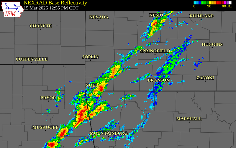 NEXRAD radar during the Sunday, March 15, 2026 storm activity in Barry County, Missouri