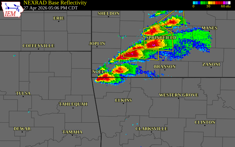 NEXRAD radar during the Monday, April 27, 2026 storm activity in Barry County, Missouri
