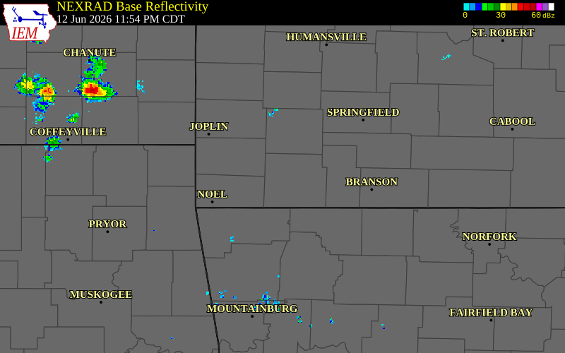 NEXRAD radar during the Friday, June 12, 2026 storm activity in Barry County, Missouri