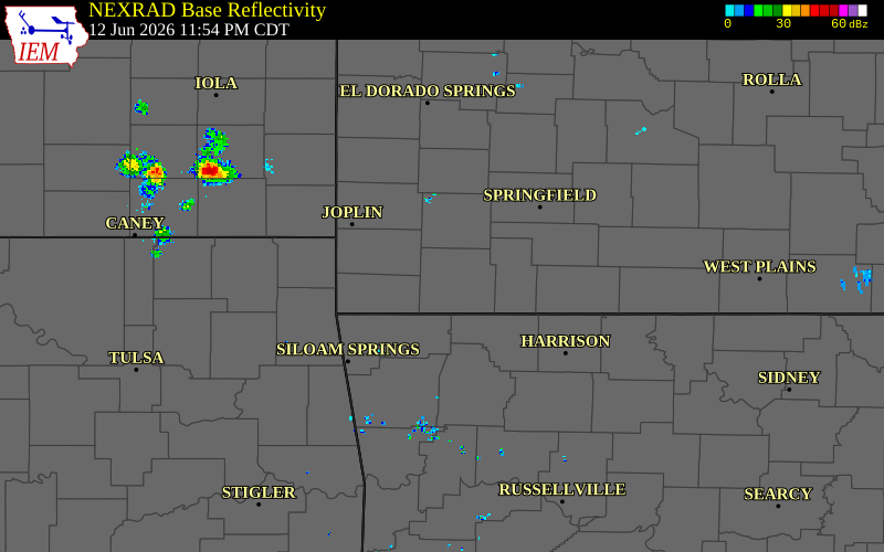 Radar snapshot during the Jun 12, 2026 tornado event near 1 WNW Butterfield, Barry County, Missouri, with NWS warning polygons