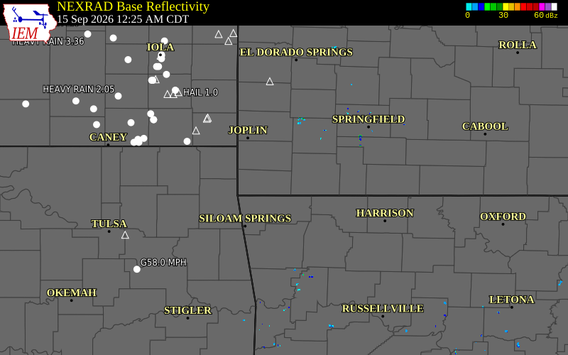 Current NEXRAD radar over Barry County, Missouri with recent storm report locations
