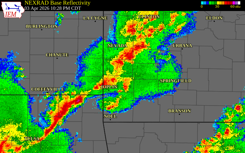 NEXRAD radar during the Friday, April 3, 2026 storm activity in Barton County, Missouri