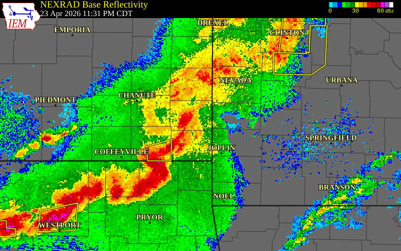 NEXRAD radar during the Thursday, April 23, 2026 storm activity in Barton County, Missouri