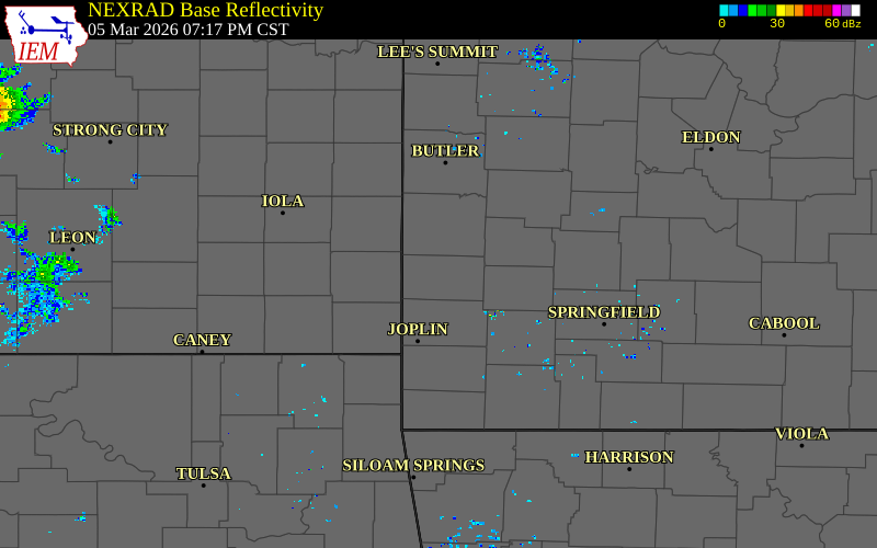 Radar snapshot during the Mar 5, 2026 tornado event near 1 NE Iantha, Barton County, Missouri, with NWS warning polygons