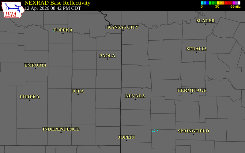 NEXRAD radar during the Sunday, April 12, 2026 storm activity in Bates County, Missouri