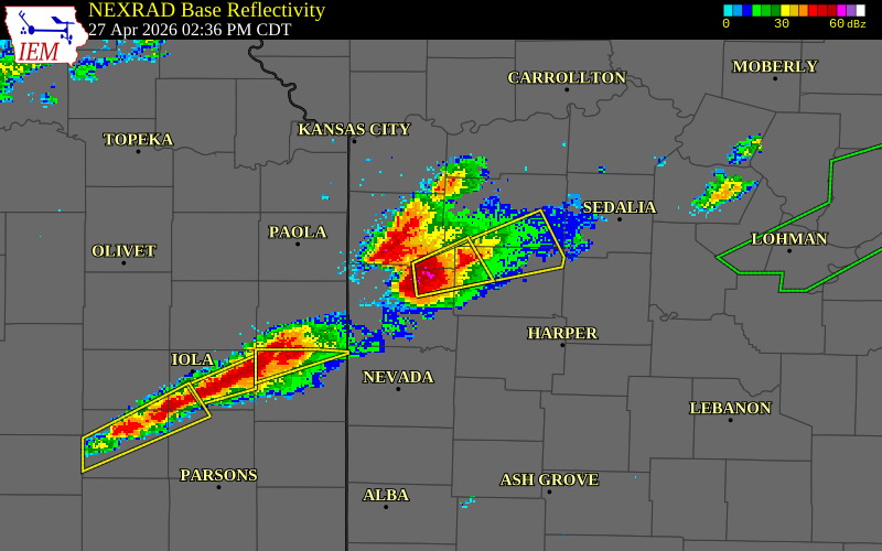 NEXRAD radar during the Monday, April 27, 2026 storm activity in Bates County, Missouri