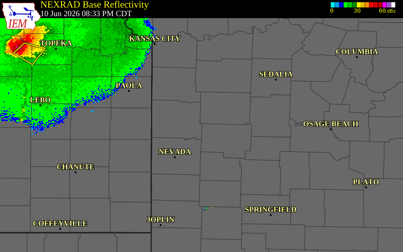 NEXRAD radar during the Wednesday, June 10, 2026 storm activity in Bates County, Missouri