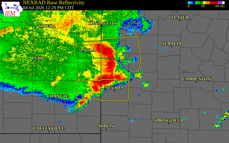 NEXRAD radar during the Saturday, July 4, 2026 storm activity in Bates County, Missouri