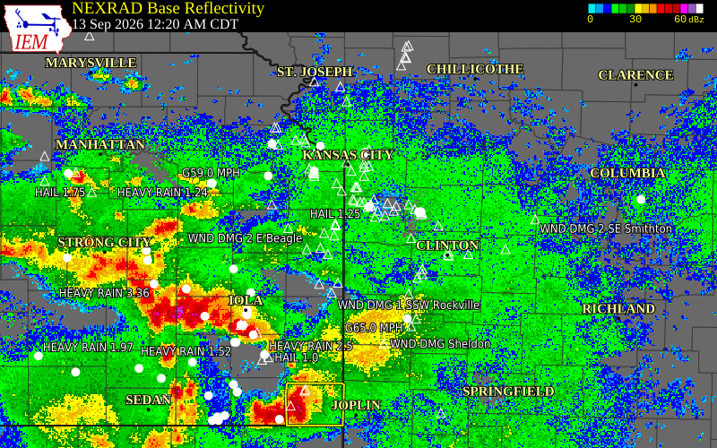Current NEXRAD radar over Bates County, Missouri with recent storm report locations