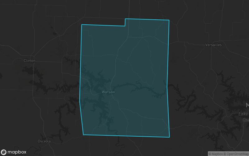 Map of Benton County, Missouri showing the county boundary and surrounding cities