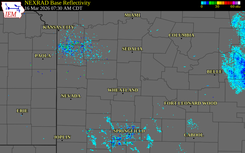 NEXRAD radar during the Monday, March 16, 2026 storm activity in Benton County, Missouri