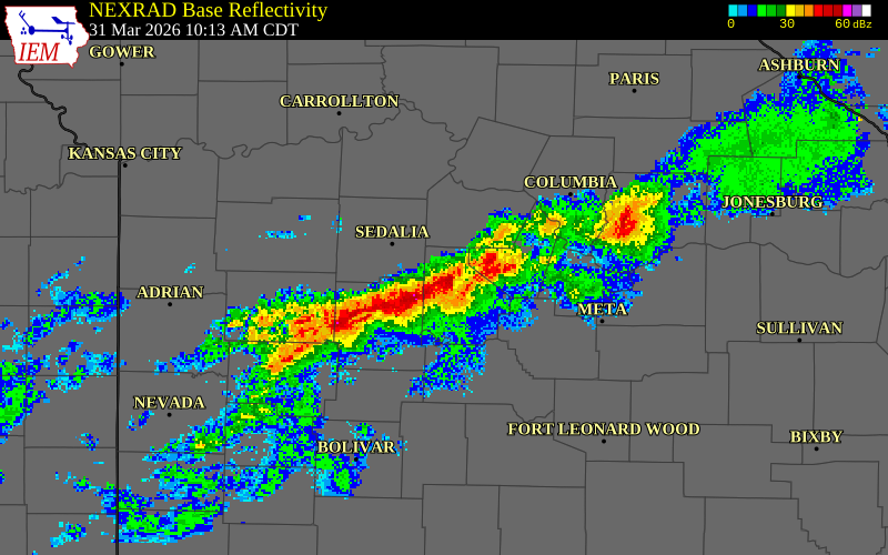 NEXRAD radar during the Tuesday, March 31, 2026 storm activity in Benton County, Missouri
