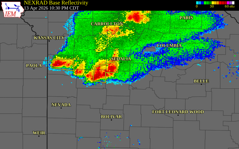 NEXRAD radar during the Monday, April 13, 2026 storm activity in Benton County, Missouri