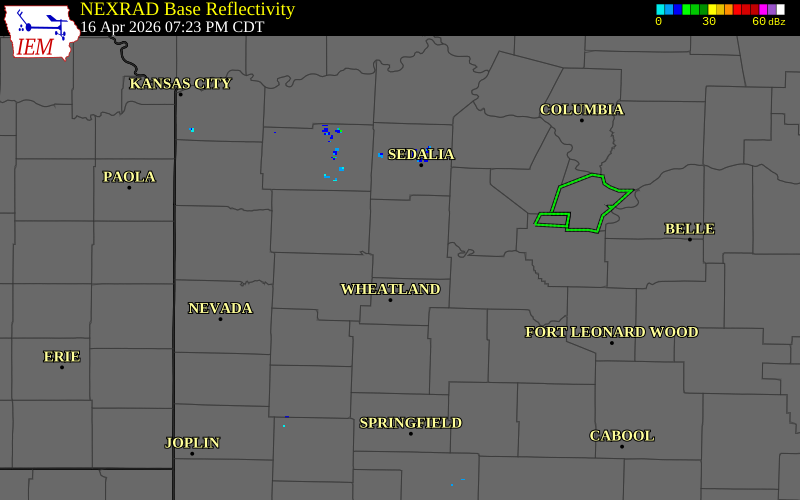 NEXRAD radar during the Thursday, April 16, 2026 storm activity in Benton County, Missouri