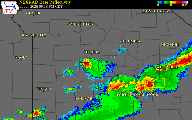 NEXRAD radar during the Thursday, June 11, 2026 storm activity in Benton County, Missouri