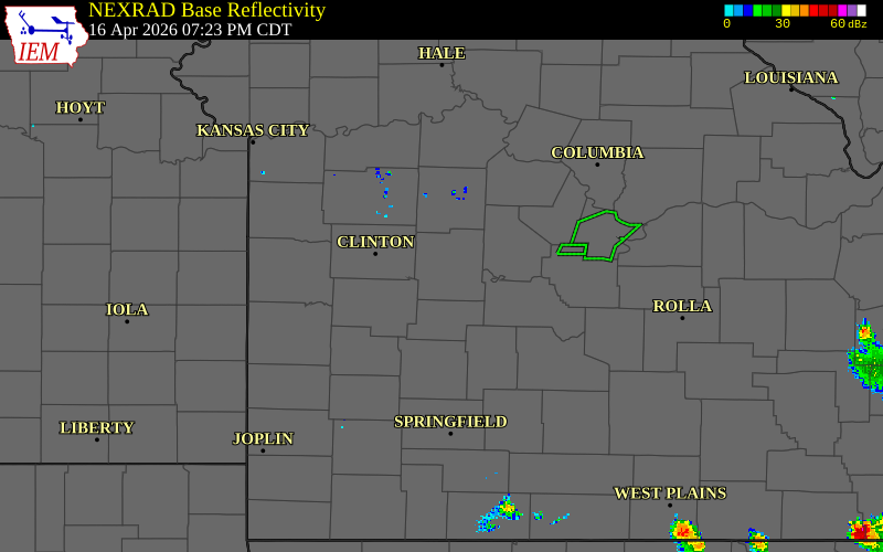Radar snapshot during the Apr 16, 2026 tornado event near 1 NE Whitakerville, Benton County, Missouri, with NWS warning polygons