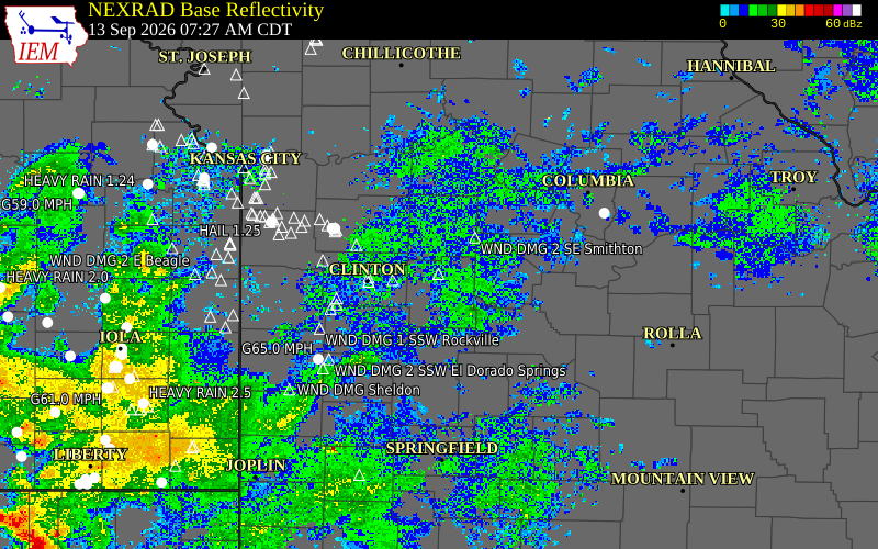 Current NEXRAD radar over Benton County, Missouri with recent storm report locations