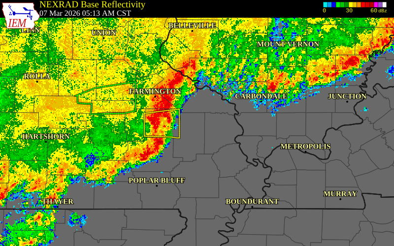 NEXRAD radar during the Saturday, March 7, 2026 storm activity in Bollinger County, Missouri