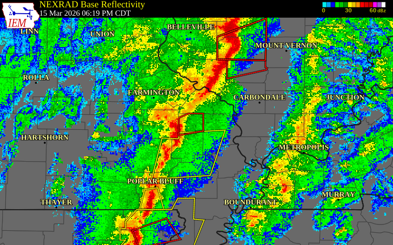 NEXRAD radar during the Sunday, March 15, 2026 storm activity in Bollinger County, Missouri