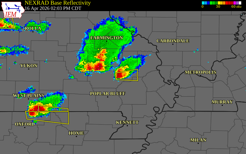 NEXRAD radar during the Thursday, April 16, 2026 storm activity in Bollinger County, Missouri