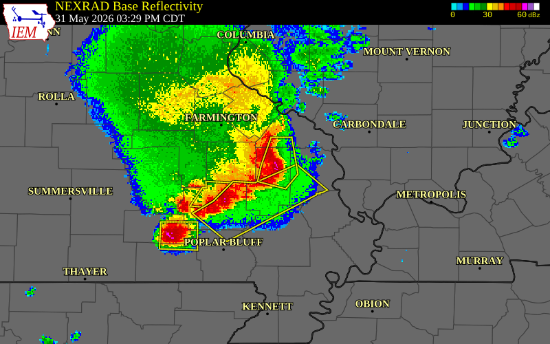 NEXRAD radar during the Sunday, May 31, 2026 storm activity in Bollinger County, Missouri