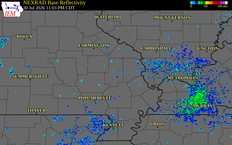 NEXRAD radar during the Thursday, July 30, 2026 storm activity in Bollinger County, Missouri