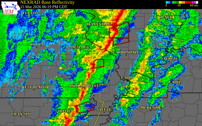 Radar snapshot during the Mar 15, 2026 tornado event near 2 WSW Sedgewickville, Bollinger County, Missouri, with NWS warning polygons