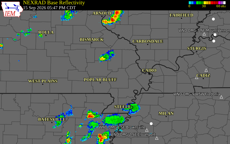 Current NEXRAD radar over Bollinger County, Missouri with recent storm report locations