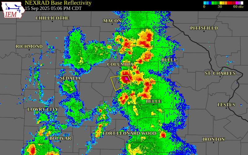 NEXRAD radar during the Monday, September 15, 2025 storm activity in Boone County, Missouri