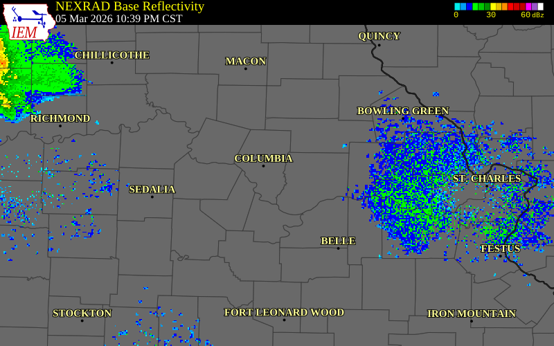 NEXRAD radar during the Thursday, March 5, 2026 storm activity in Boone County, Missouri
