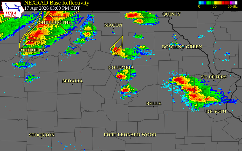 NEXRAD radar during the Friday, April 17, 2026 storm activity in Boone County, Missouri