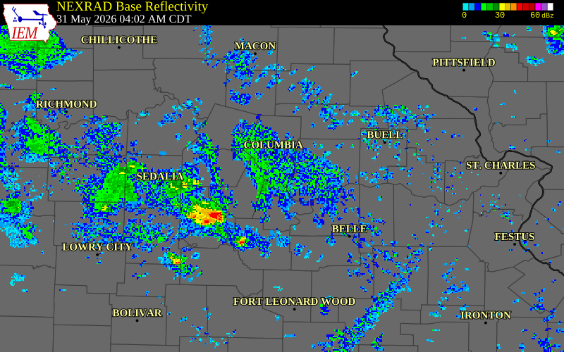 NEXRAD radar during the Sunday, May 31, 2026 storm activity in Boone County, Missouri