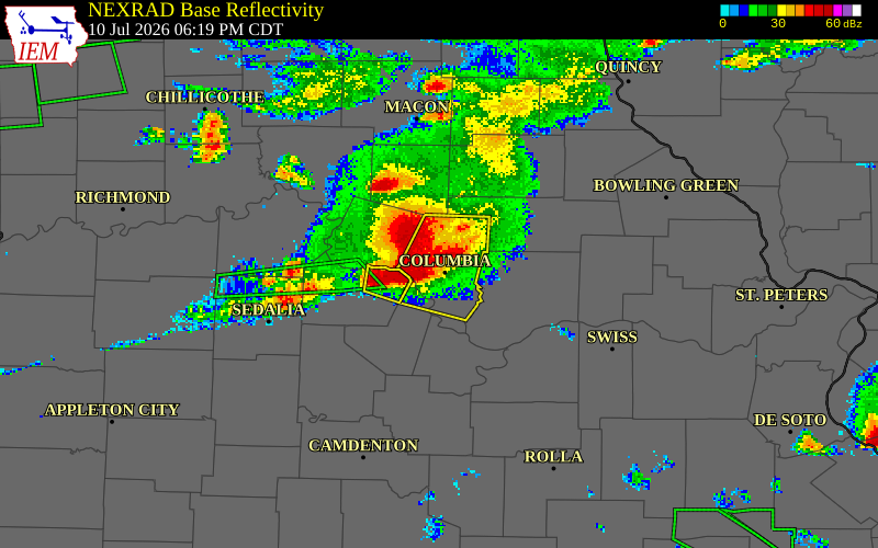 NEXRAD radar during the Friday, July 10, 2026 storm activity in Boone County, Missouri