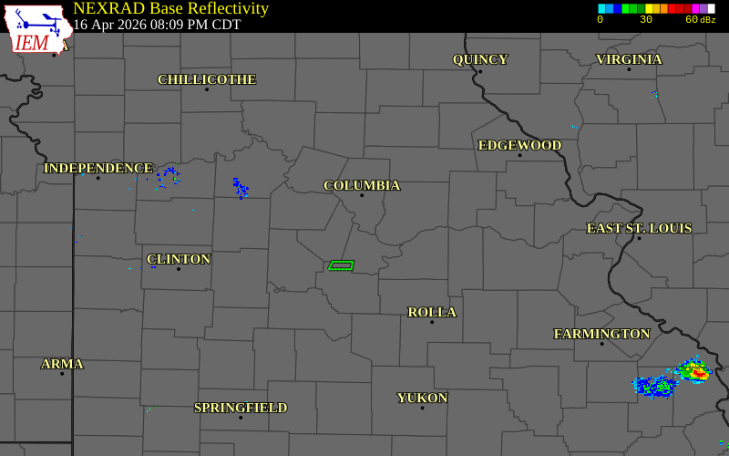 Radar snapshot during the Apr 16, 2026 tornado event near Hartsburg, Boone County, Missouri, with NWS warning polygons