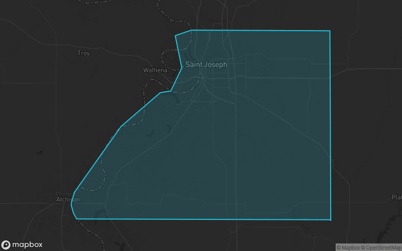 Map of Buchanan County, Missouri showing the county boundary and surrounding cities